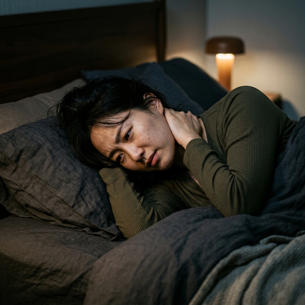 Person experiencing neck pain in bed at night